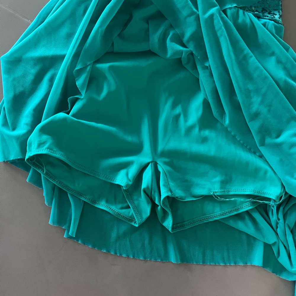 Women’s Teal Mesh Draped Sequin Asymmetrical Dress Dance Costume Weissman Adult - Picture 3 of 4